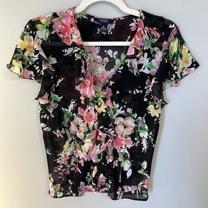 CHAPS Sheer Floral Blouse with Ruffles / Size M